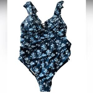 A Pea in the Pod Ruffled Maternity One Piece Floral Swimsuit Medium Blue L NWT
